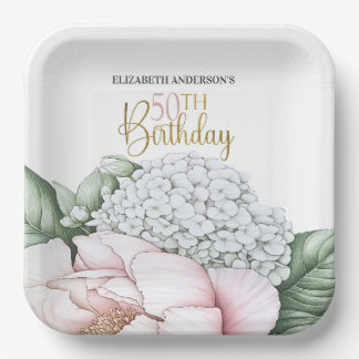 Plato De Papel Cumpleaños 50 Blush Pink Peony Floral 