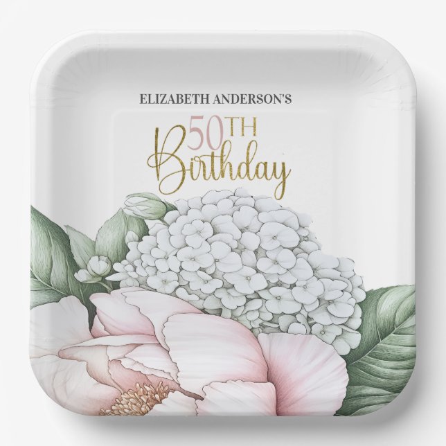 Plato De Papel Cumpleaños 50 Blush Pink Peony Floral  (Anverso)