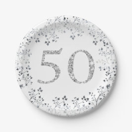Plato De Papel Cumpleaños 50, Brillo Plateado, Personalizado