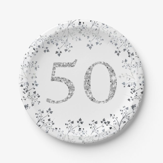 Plato De Papel Cumpleaños 50, Brillo Plateado, Personalizado (Anverso)