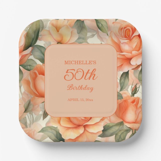 Plato De Papel Cumpleaños 50 de Flores de Rosas Naranja Melocotón (Anverso)