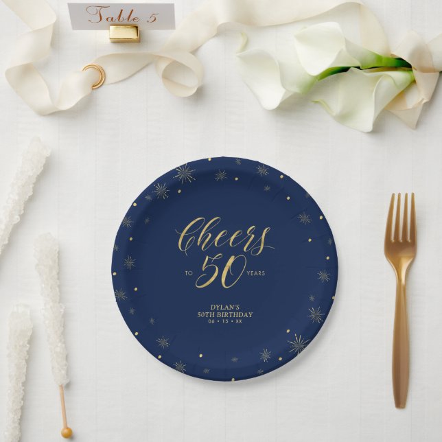 Plato De Papel Cumpleaños 50 de Navy Azul Dorado con Brillo Cheer (Boda)