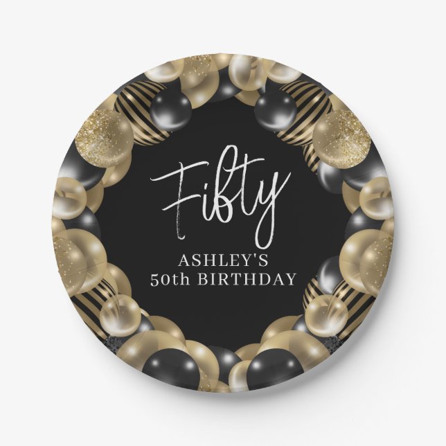 Plato De Papel Cumpleaños 50 de Oro Negro (Anverso)