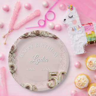 Plato De Papel Cumpleaños 50 Elegante Estilo de Papel Cortado Flo