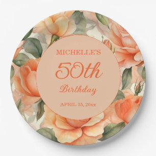 Plato De Papel Cumpleaños 50 Elegantes Rosas Florales de Melocotó
