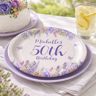 Plato De Papel Cumpleaños 50 Floral Lavanda Púrpura