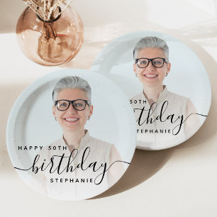 Plato De Papel Cumpleaños 50 Personalizado Foto Letra Negra
