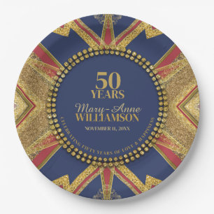 Plato De Papel Cumpleaños 50 Rojo Azul Dorado Geometría
