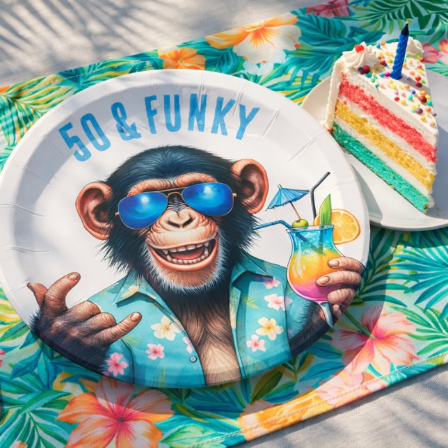 Plato De Papel Cumpleaños 50 y Funky del mono de verano (50 and Funky Summer Monkey 50th Birthday Paper Plates)