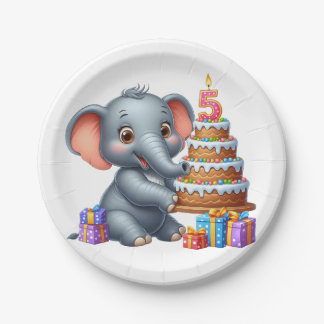 Plato De Papel Cumpleaños 5 de Elefante Adorable