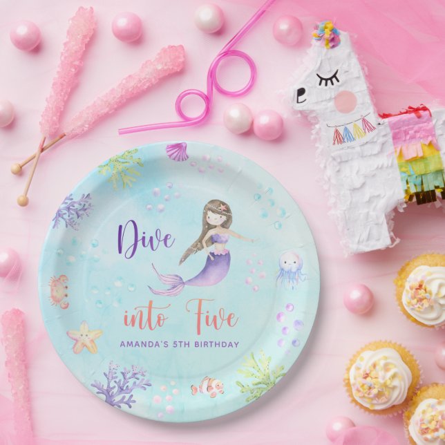 Plato De Papel Cumpleaños 5 de Mermaid Girl Dive Into Five (Fiesta)