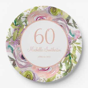 Plato De Papel Cumpleaños 60 Brillante Floral Rosa Púrpura Dorado
