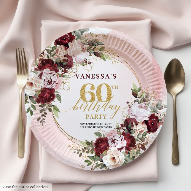Plato De Papel Cumpleaños 60 Chic Acuarela Boho Borgoña Rubor (Chic Watercolor Boho Burgundy Blush 60th Birthday Paper Plates)