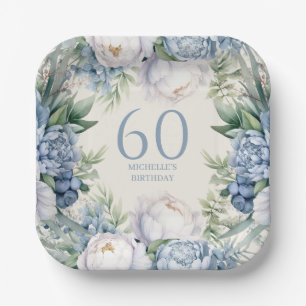 Plato De Papel Cumpleaños 60 de Flor Blanca Azul Polvoriento