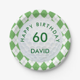 Plato De Papel Cumpleaños 60 de Golf Cuadros Argyle Verde