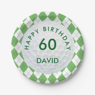 Plato De Papel Cumpleaños 60 de Golf Cuadros Argyle Verde