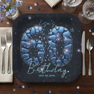 Plato De Papel Cumpleaños 60 Elegante Mosaico de Piedra Azul Zafi