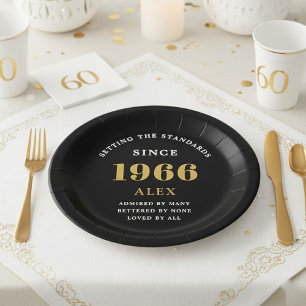 Plato De Papel Cumpleaños 60 Nombre 1966 Negro Oro Elegante Chic