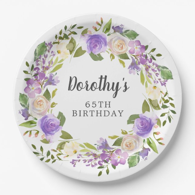 Plato De Papel Cumpleaños 65 Rustic Purple Floral (Anverso)