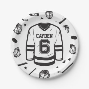 Plato De Papel Cumpleaños 6 Hockey negro y blanco