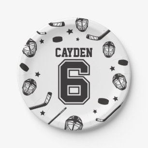 Plato De Papel Cumpleaños 6 Hockey negro y blanco