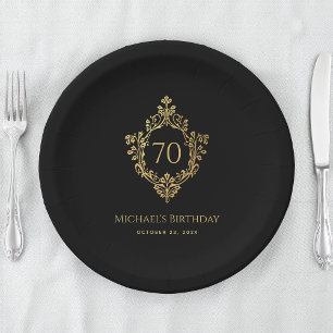 Plato De Papel Cumpleaños 70 Elegante Hombre Cresta Vintage Negro