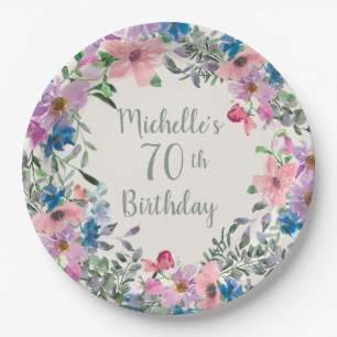 Plato De Papel Cumpleaños 70 Floral Acuarela Rosa Purpura Azul
