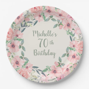 Plato De Papel Cumpleaños 70 Floral Acuarela Rosa Rubio