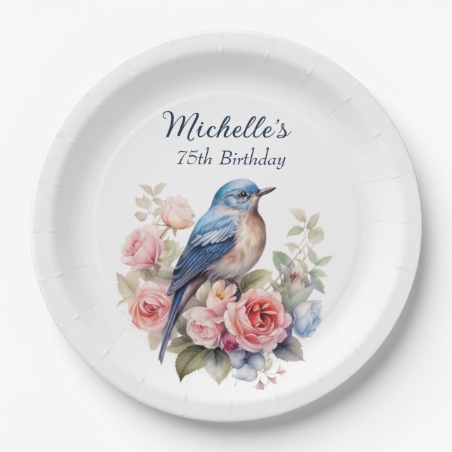 Plato De Papel Cumpleaños 75 Blue Bird Pink Flowers (Anverso)