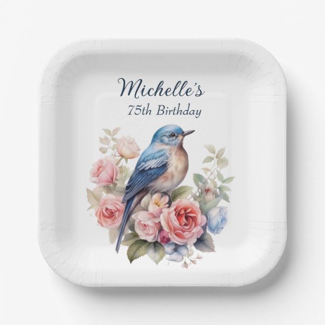 Plato De Papel Cumpleaños 75 Blue Bird Pink Flowers (Anverso)