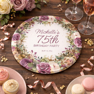 Plato De Papel Cumpleaños 75 de flores púrpuras y hojas verdes