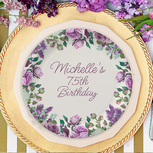 Plato De Papel Cumpleaños 75 Floral Acuarela Verde Menta Morado