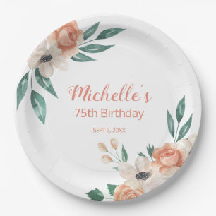 Plato De Papel Cumpleaños 75 Pretty Peach Cream Floral