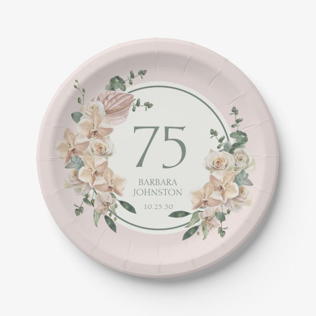 Plato De Papel Cumpleaños 75 Tropical Floral (Anverso)
