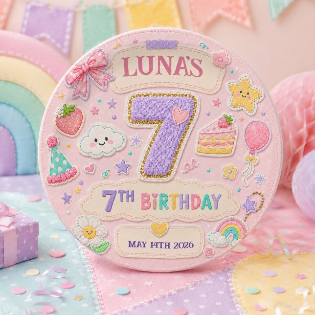 Plato De Papel Cumpleaños 7 de niña con arcoíris de patchwork pas (Pastel Patchwork Rainbow 7th Birthday Party Girl Paper Plates
)