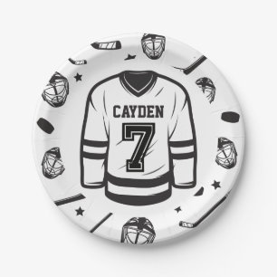 Plato De Papel Cumpleaños 7 Hockey negro y blanco