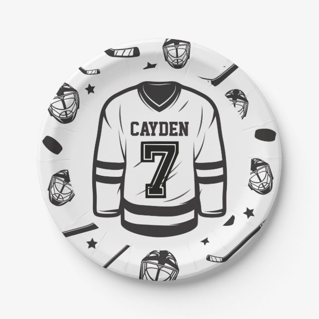 Plato De Papel Cumpleaños 7 Hockey negro y blanco (Anverso)
