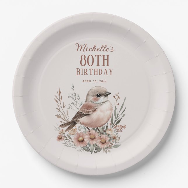 Plato De Papel Cumpleaños 80 de Brown Bird (Anverso)