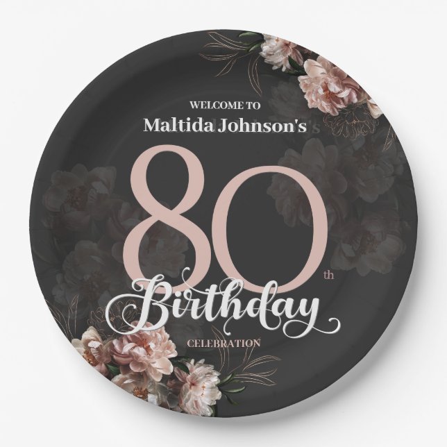 Plato De Papel Cumpleaños 80 Floral Pink (Anverso)