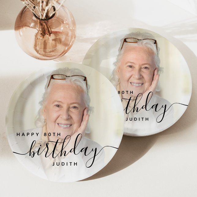 Plato De Papel Cumpleaños 80 Personalizado Foto Letra Script Negr (Subido por el creador)