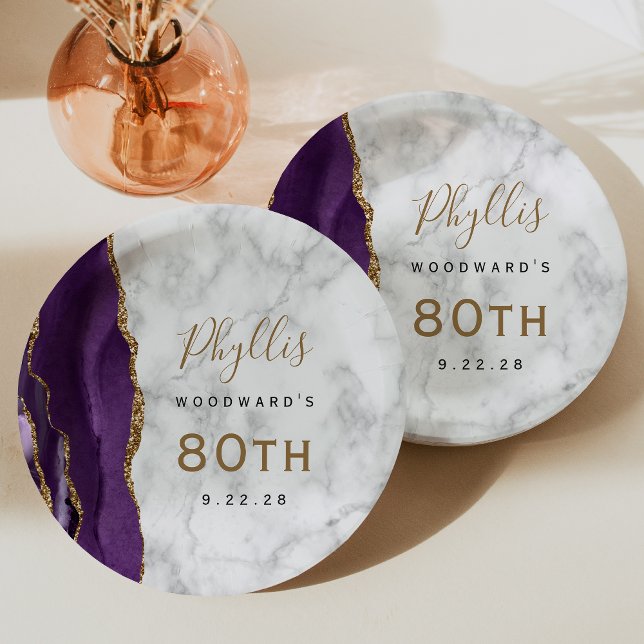 Plato De Papel Cumpleaños 80 Purple Agate Marble Gold Script (Subido por el creador)