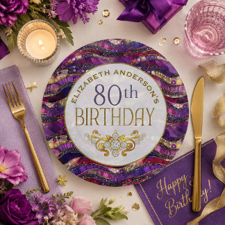 Plato De Papel Cumpleaños 80 Purple and Gold Jeweled Strata