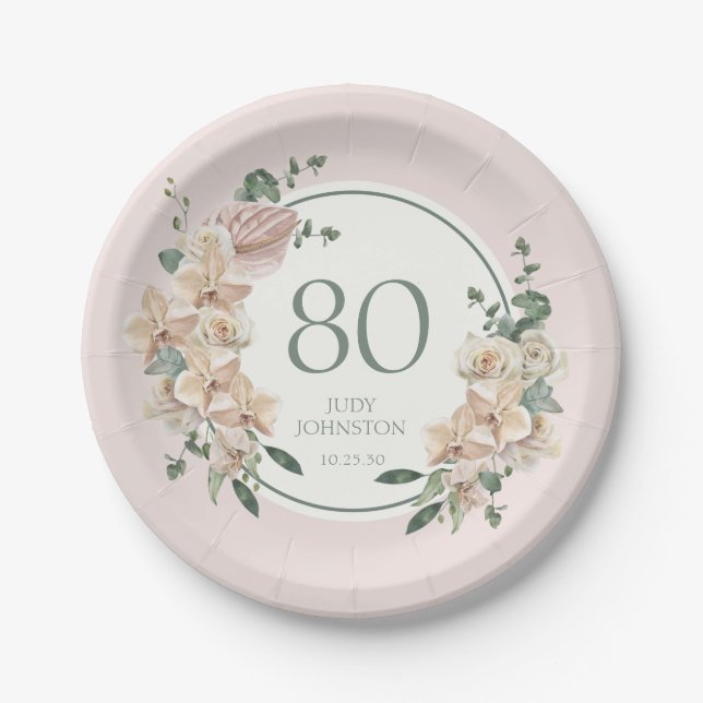 Plato De Papel Cumpleaños 80 Tropical Floral (Anverso)