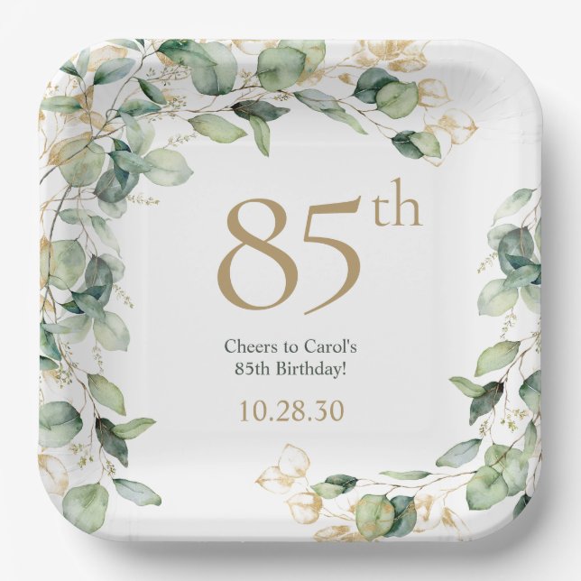 Plato De Papel Cumpleaños 85 Eucalipto (Anverso)