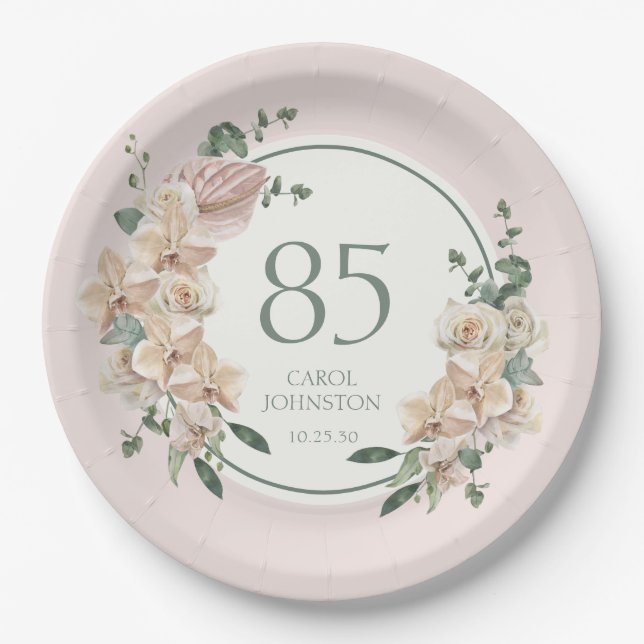 Plato De Papel Cumpleaños 85 Tropical Floral (Anverso)