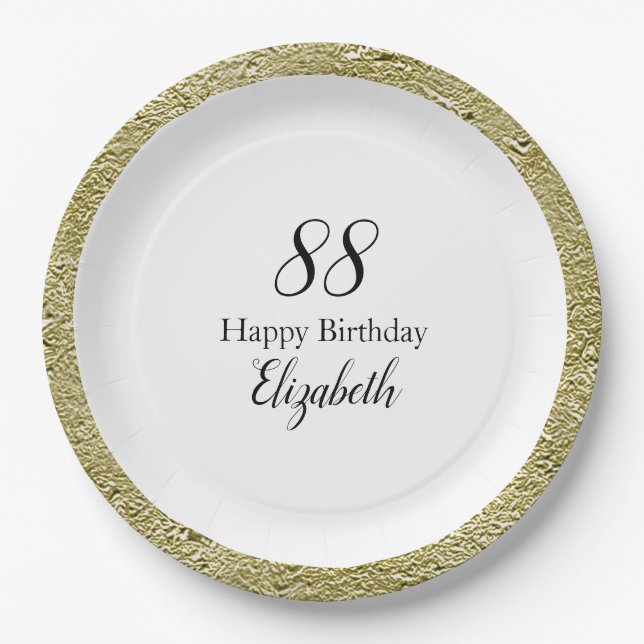 Plato De Papel Cumpleaños 88 negro blanco y dorado  (Anverso)