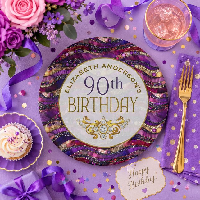 Plato De Papel Cumpleaños 90 con diseño de estratos con joyas de  (Purple and Gold Jeweled Strata Patterned and Personalized 90th Birthday Paper Plate For Women)