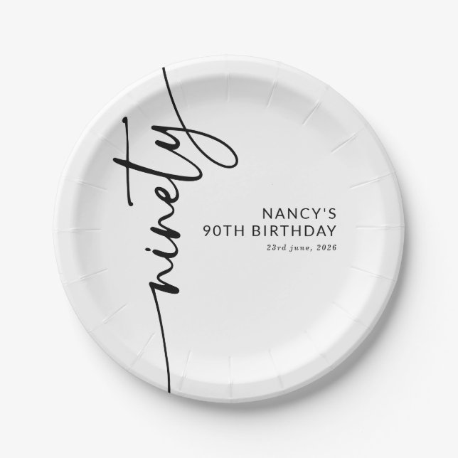 Plato De Papel Cumpleaños 90 Elegant Script Ninety (Anverso)