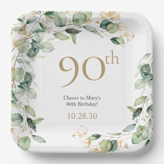 Plato De Papel Cumpleaños 90 Eucalipto (Anverso)