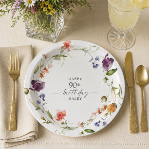 Plato De Papel Cumpleaños 90 Feminino Flores Silvestres Floral